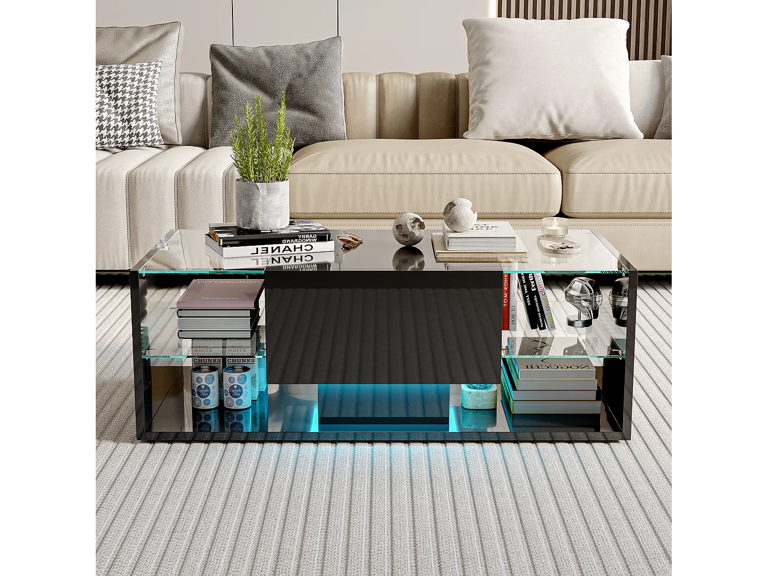 Table Basse Salon LED RGB Télécommande Noir Brillant Style Nordique, 150x50x35cm, avec Tiroir et 4 Verres Trempés, Lumière Ambiance