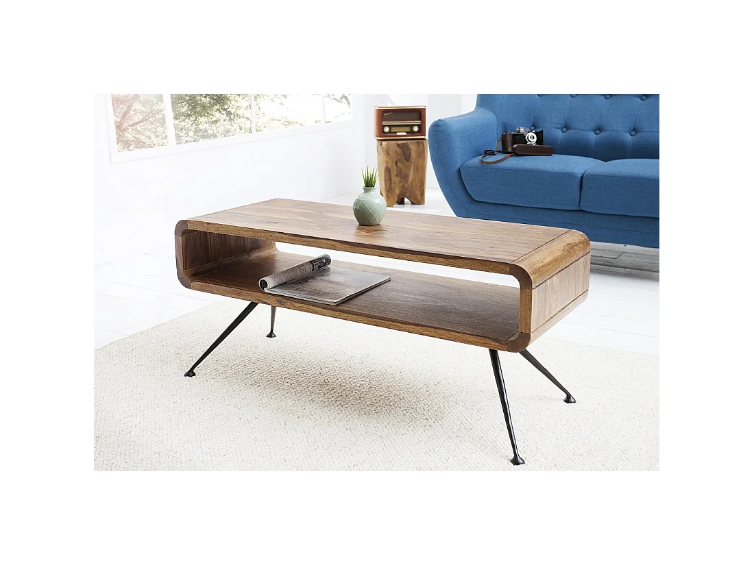Mesa de centro RETROVA 100 cm en madera de Sheesham barnizada con patas de metal negro y espacio de almacenamiento