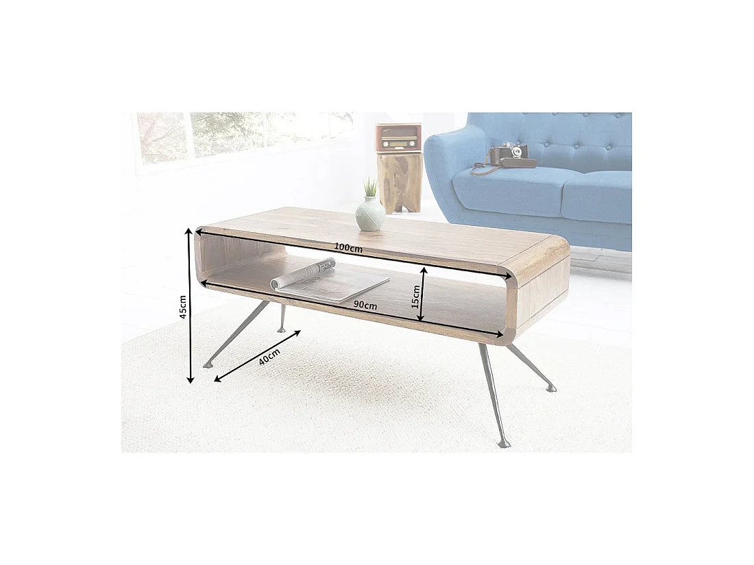 Mesa de centro RETROVA 100 cm en madera de Sheesham barnizada con patas de metal negro y espacio de almacenamiento