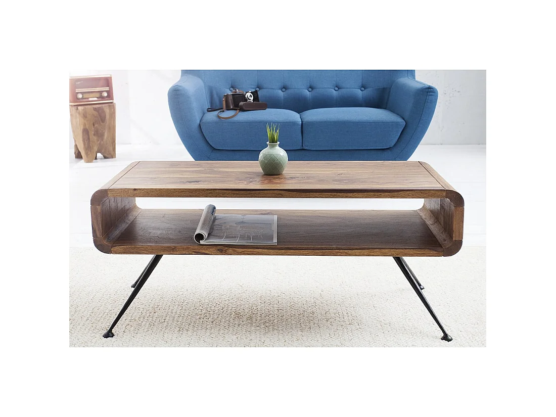 Mesa de centro RETROVA 100 cm en madera de Sheesham barnizada con patas de metal negro y espacio de almacenamiento