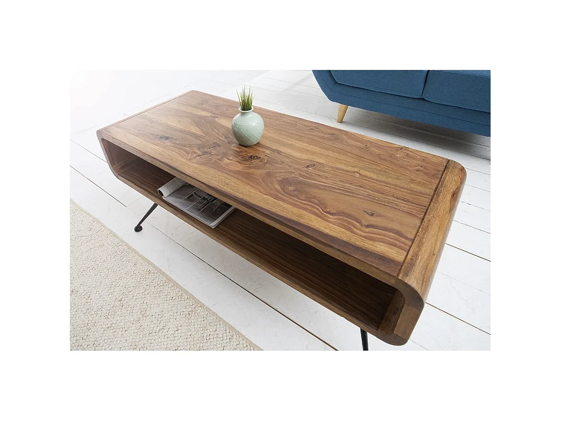 Mesa de centro RETROVA 100 cm en madera de Sheesham barnizada con patas de metal negro y espacio de almacenamiento