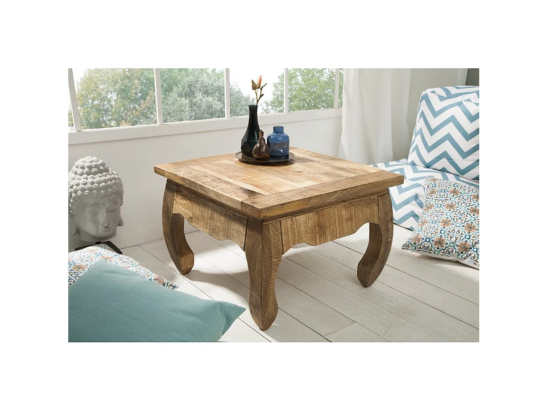 Table basse LUNARA bois massif de manguier pieds arqués – table carrée design classique naturel