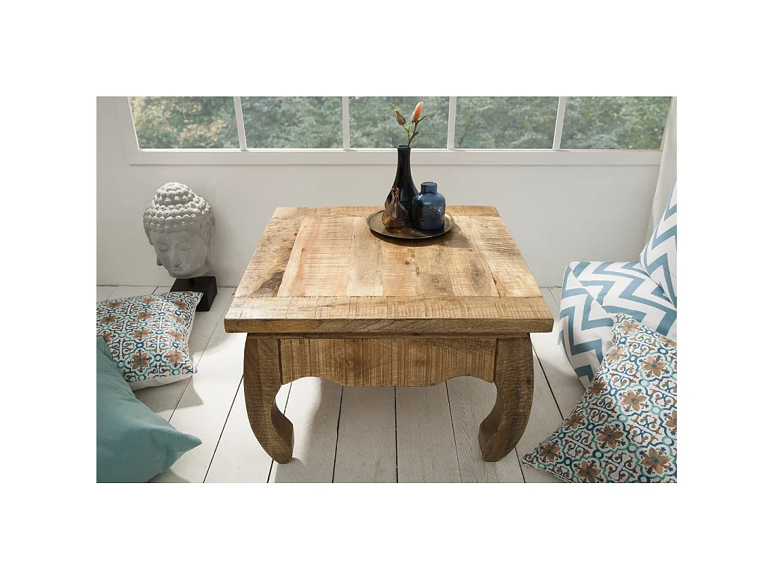 Table basse LUNARA bois massif de manguier pieds arqués – table carrée design classique naturel