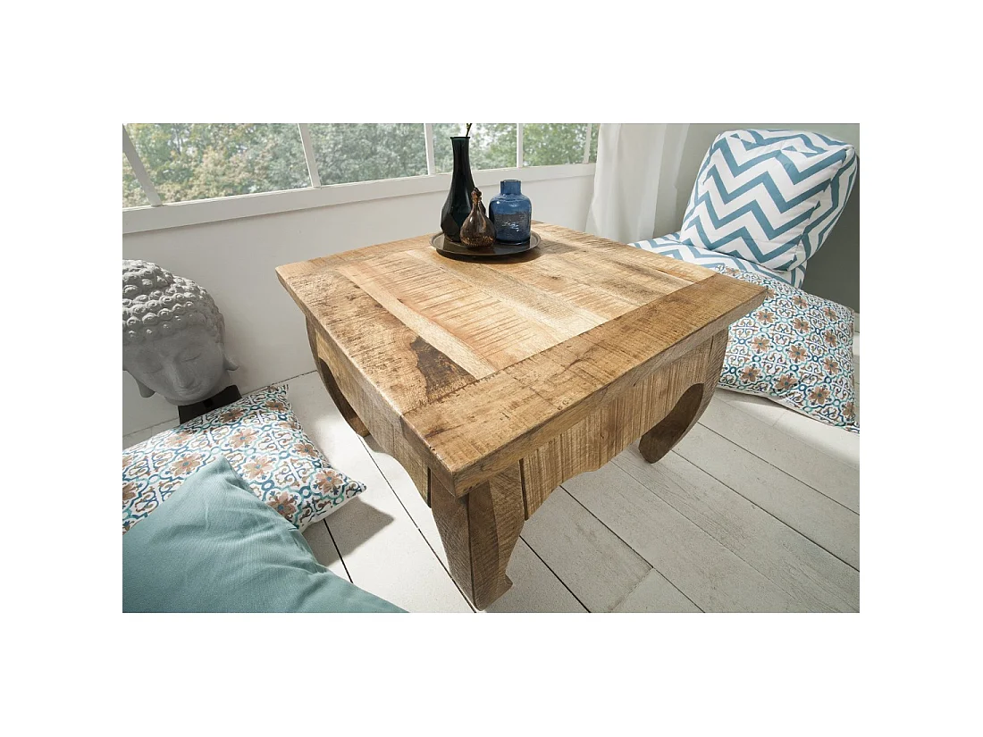 Table basse LUNARA bois massif de manguier pieds arqués – table carrée design classique naturel