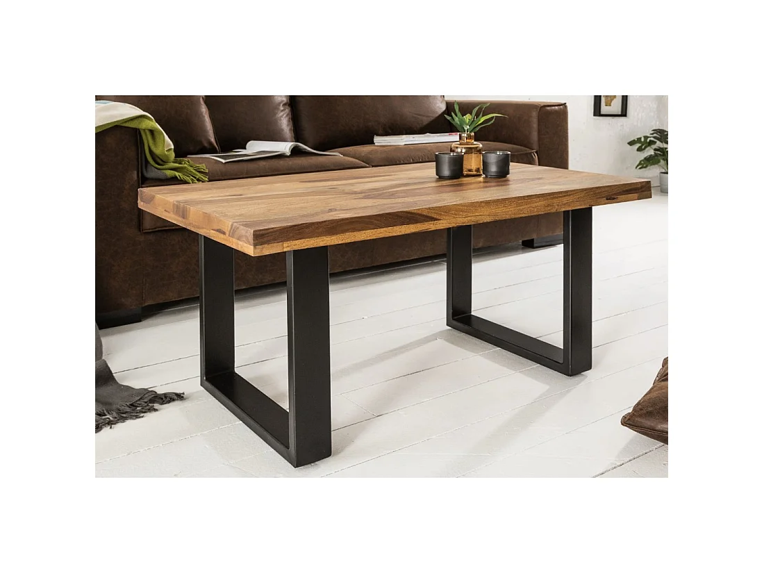 Couchtisch LODEN 100 cm aus massivem Sheeshamholz und schwarzem Metall – Industriestil