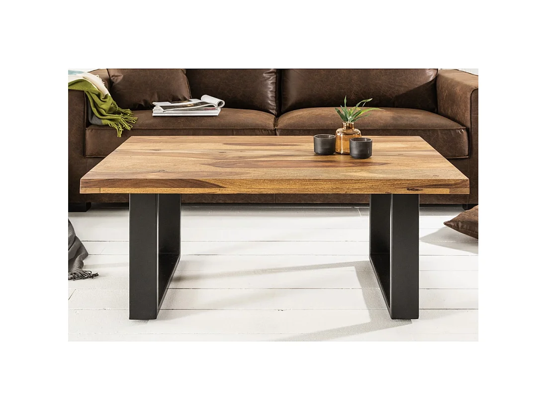 Couchtisch LODEN 100 cm aus massivem Sheeshamholz und schwarzem Metall – Industriestil
