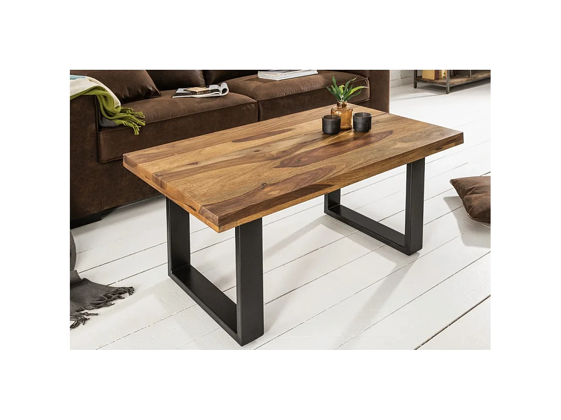 Couchtisch LODEN 100 cm aus massivem Sheeshamholz und schwarzem Metall – Industriestil