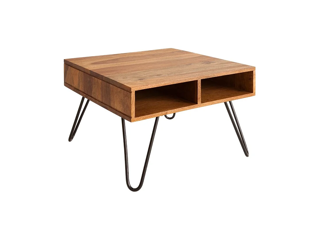 Table basse SILVA 60 cm en bois de Sheesham massif et métal noir – 2 niches