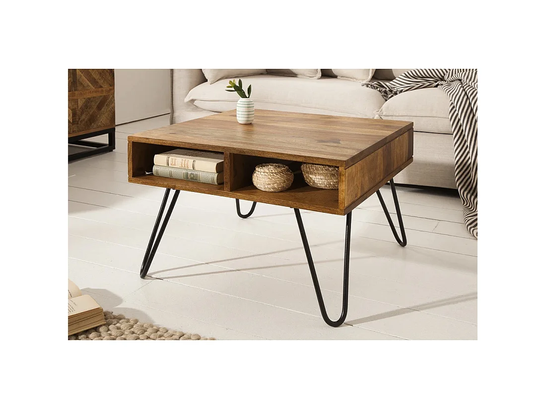 Table basse SILVA 60 cm en bois de Sheesham massif et métal noir – 2 niches