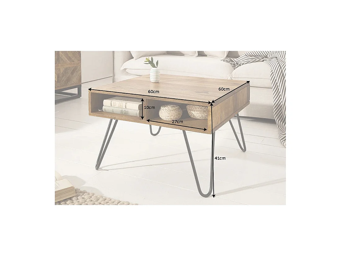 Table basse SILVA 60 cm en bois de Sheesham massif et métal noir – 2 niches