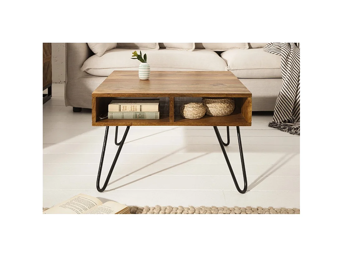 Table basse SILVA 60 cm en bois de Sheesham massif et métal noir – 2 niches