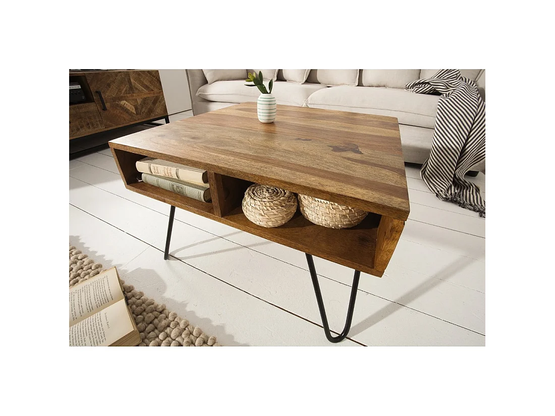 Table basse SILVA 60 cm en bois de Sheesham massif et métal noir – 2 niches