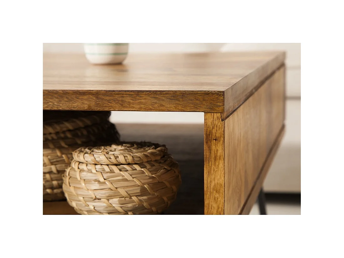 Table basse SILVA 60 cm en bois de Sheesham massif et métal noir – 2 niches