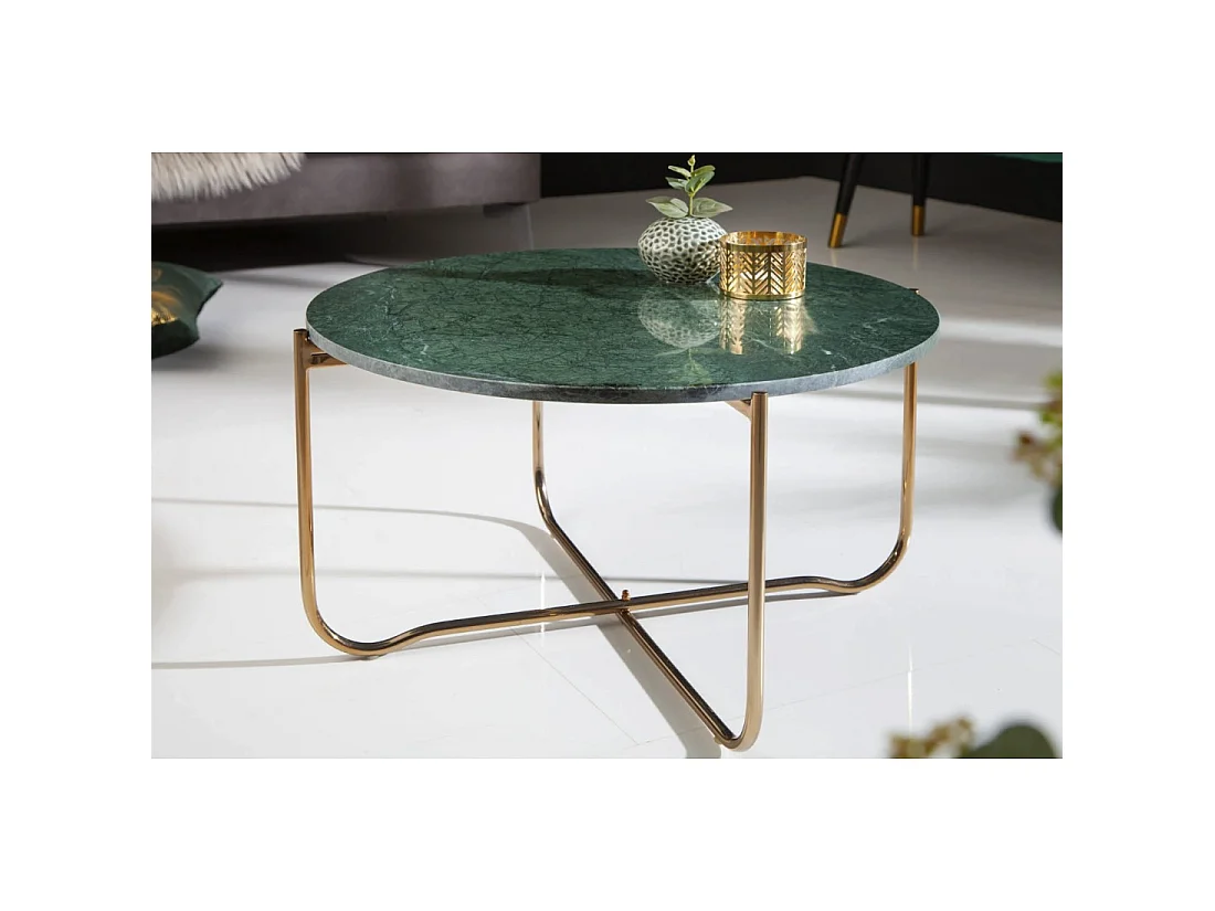 Runder Couchtisch VINTORA aus grünem Marmor und goldenem Metall - modernes, schickes Design