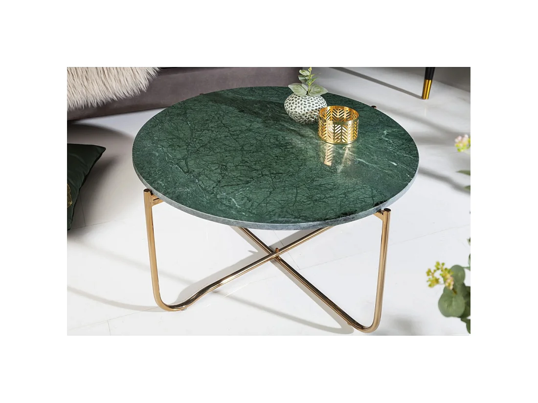 Runder Couchtisch VINTORA aus grünem Marmor und goldenem Metall - modernes, schickes Design