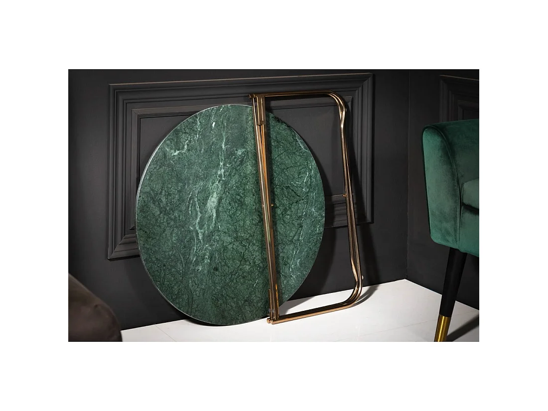 Runder Couchtisch VINTORA aus grünem Marmor und goldenem Metall - modernes, schickes Design
