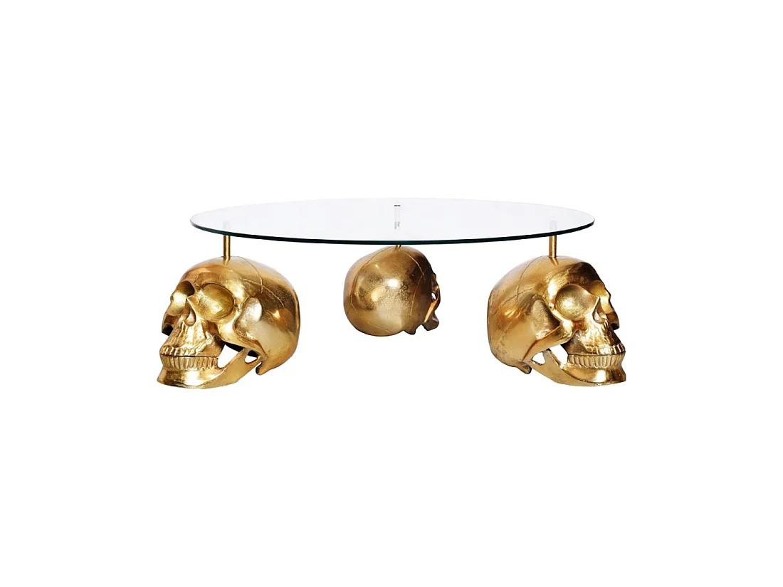 Table basse CRANY ronde 90 cm en aluminium doré et verre trempé style baroque