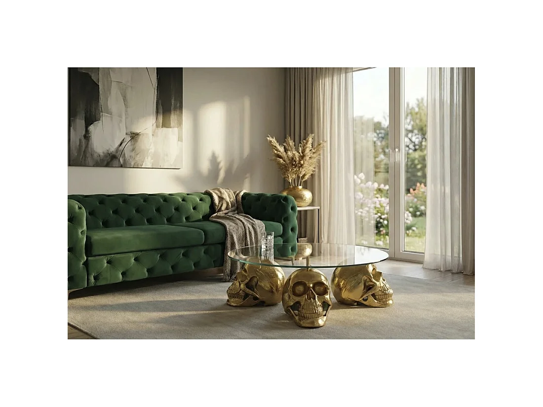 Table basse CRANY ronde 90 cm en aluminium doré et verre trempé style baroque