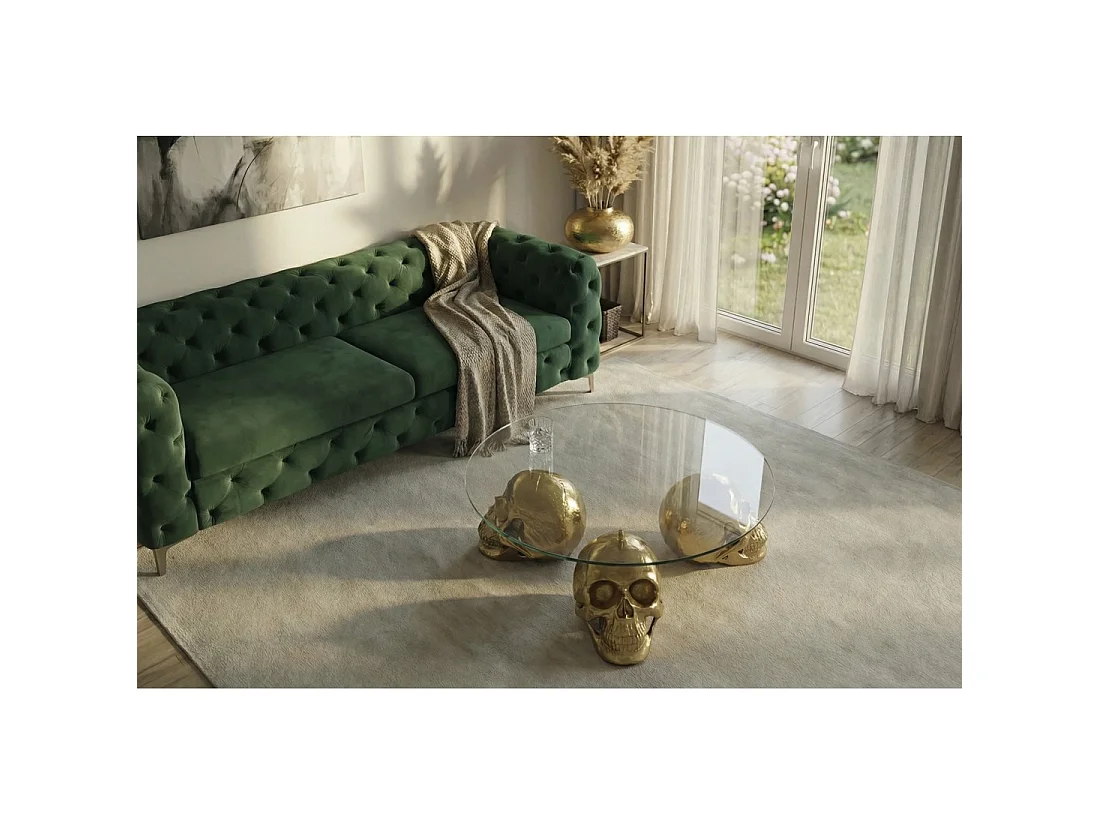 Table basse CRANY ronde 90 cm en aluminium doré et verre trempé style baroque