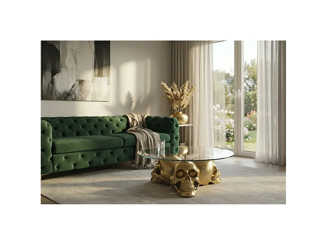 Table basse CRANY ronde 90 cm en aluminium doré et verre trempé style baroque