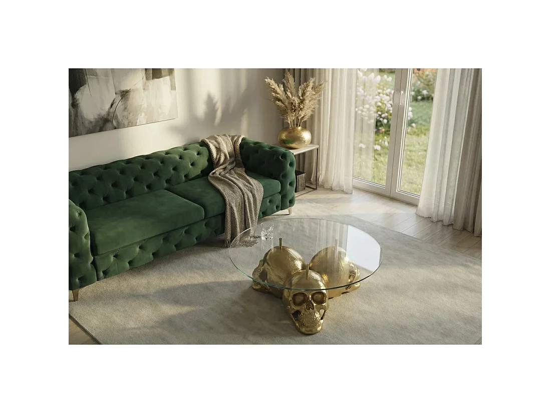 Table basse CRANY ronde 90 cm en aluminium doré et verre trempé style baroque
