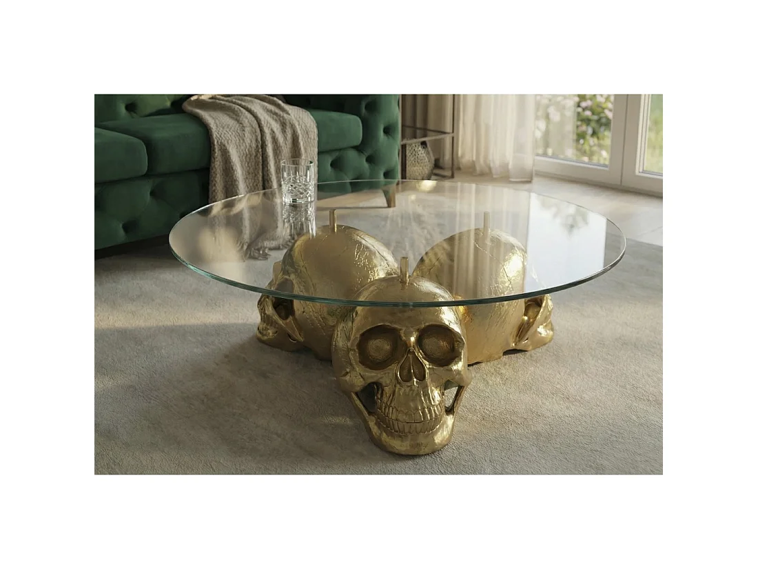 Table basse CRANY ronde 90 cm en aluminium doré et verre trempé style baroque