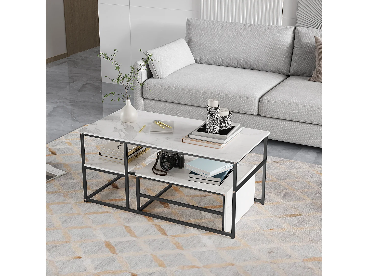 Ensemble de deux tables basses gigognes, plateau en marbre blanc, pieds noirs, style élégant, gain de place dans le salon.