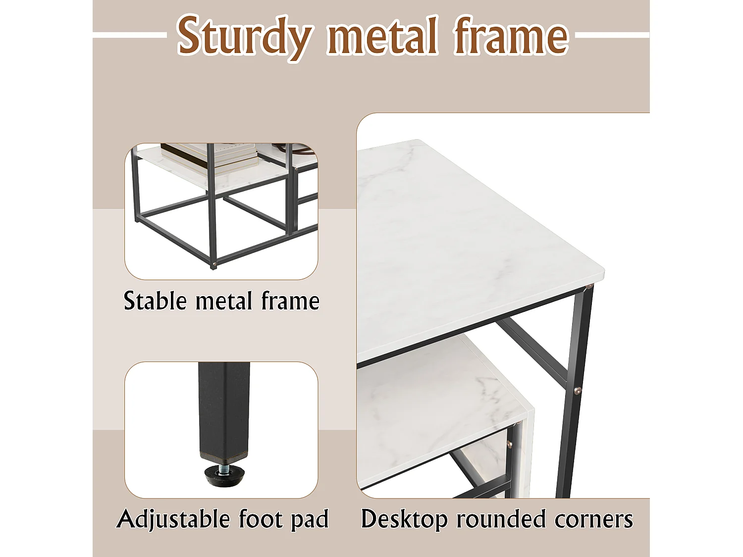 Ensemble de deux tables basses gigognes, plateau en marbre blanc, pieds noirs, style élégant, gain de place dans le salon.