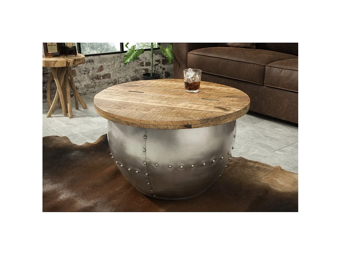 Ronde salontafel ORVIK 68 cm in massief mangohout en metaal - opbergkist
