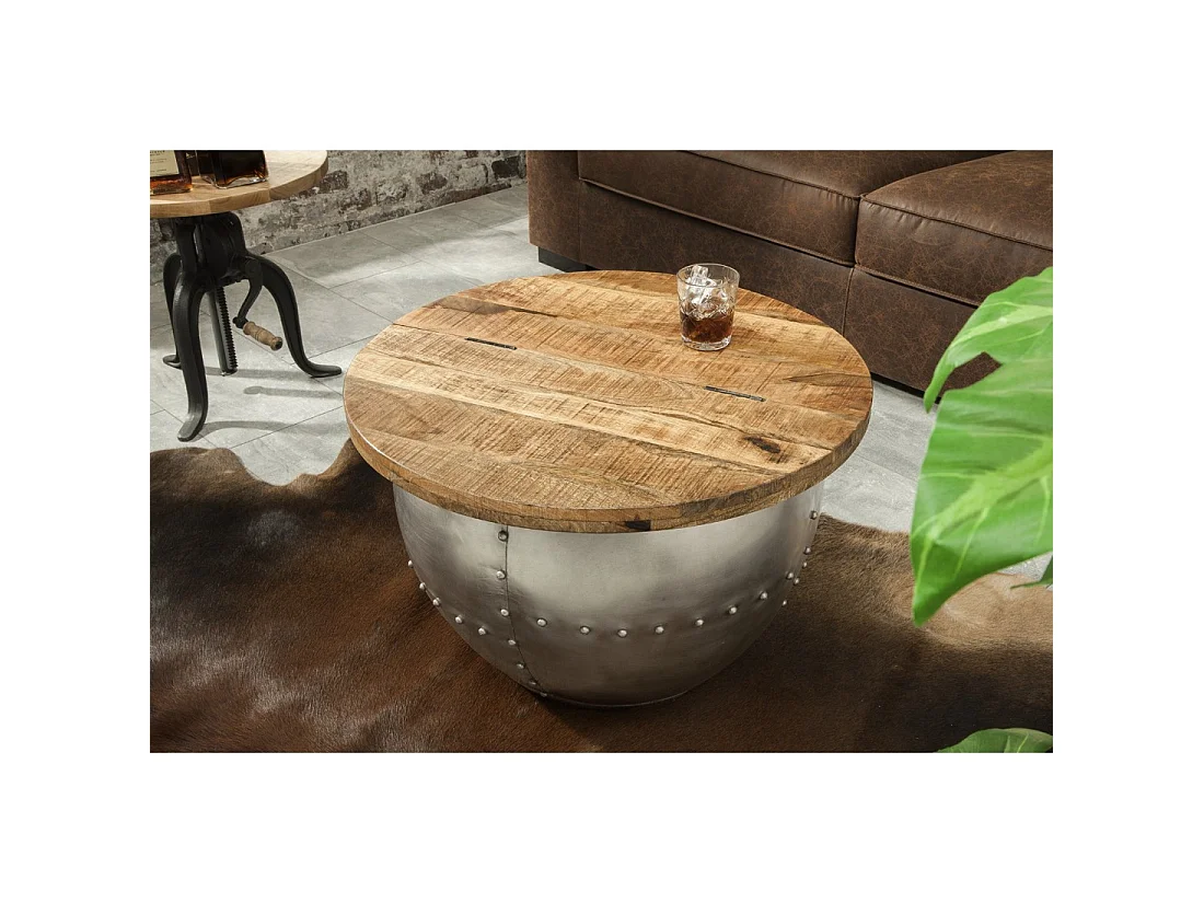 Ronde salontafel ORVIK 68 cm in massief mangohout en metaal - opbergkist