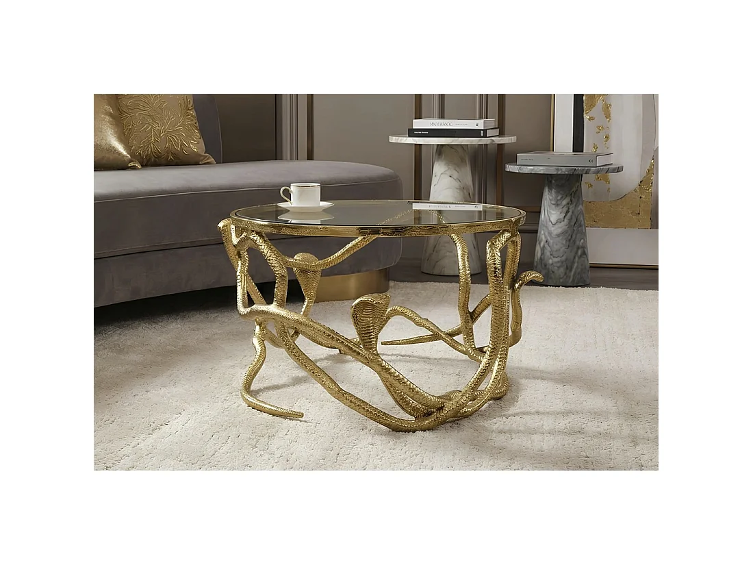 VIPEREA ronde salontafel 67 cm goudkleurig met slangen in aluminium en gehard glas