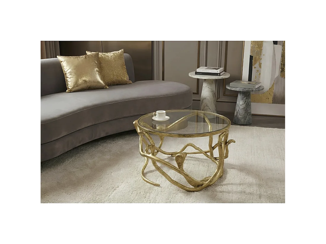 VIPEREA ronde salontafel 67 cm goudkleurig met slangen in aluminium en gehard glas