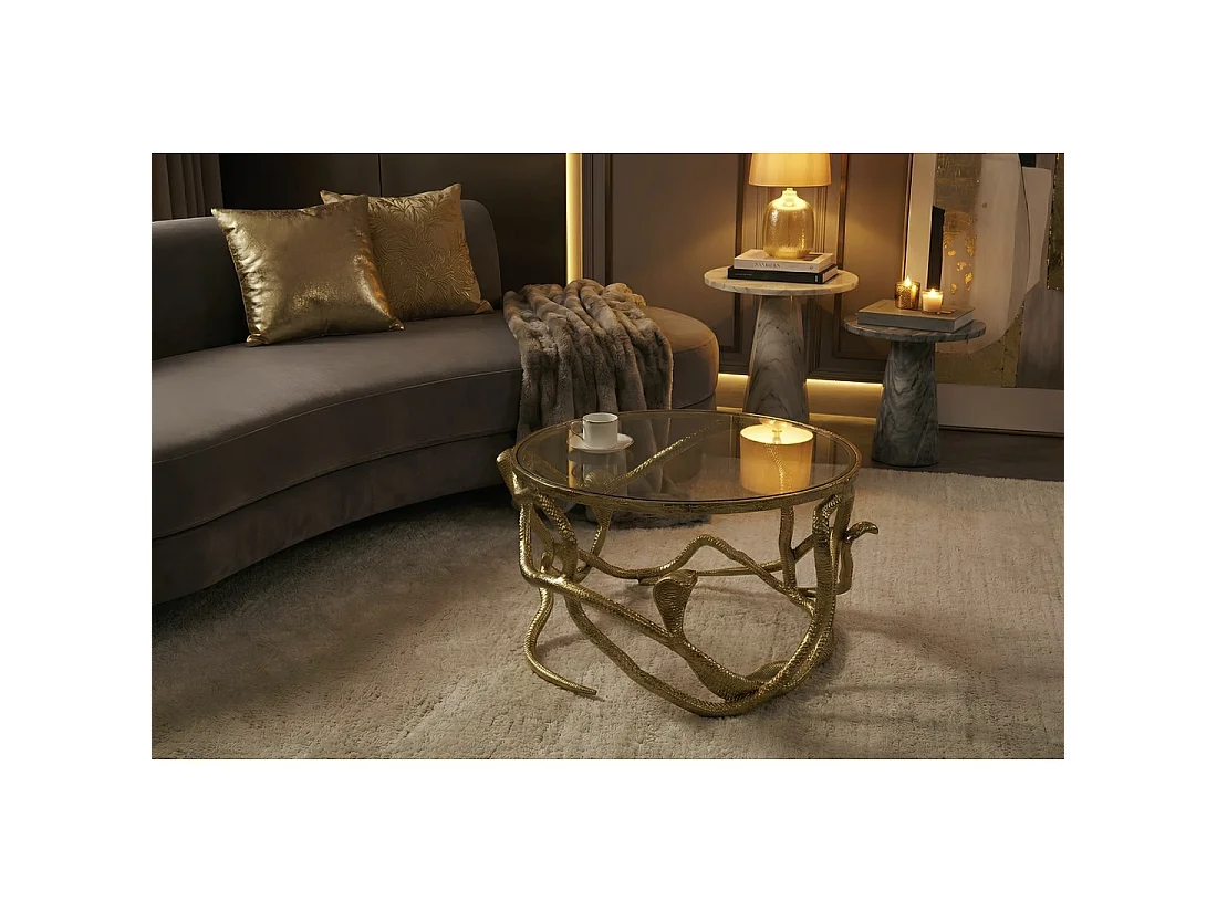 VIPEREA ronde salontafel 67 cm goudkleurig met slangen in aluminium en gehard glas
