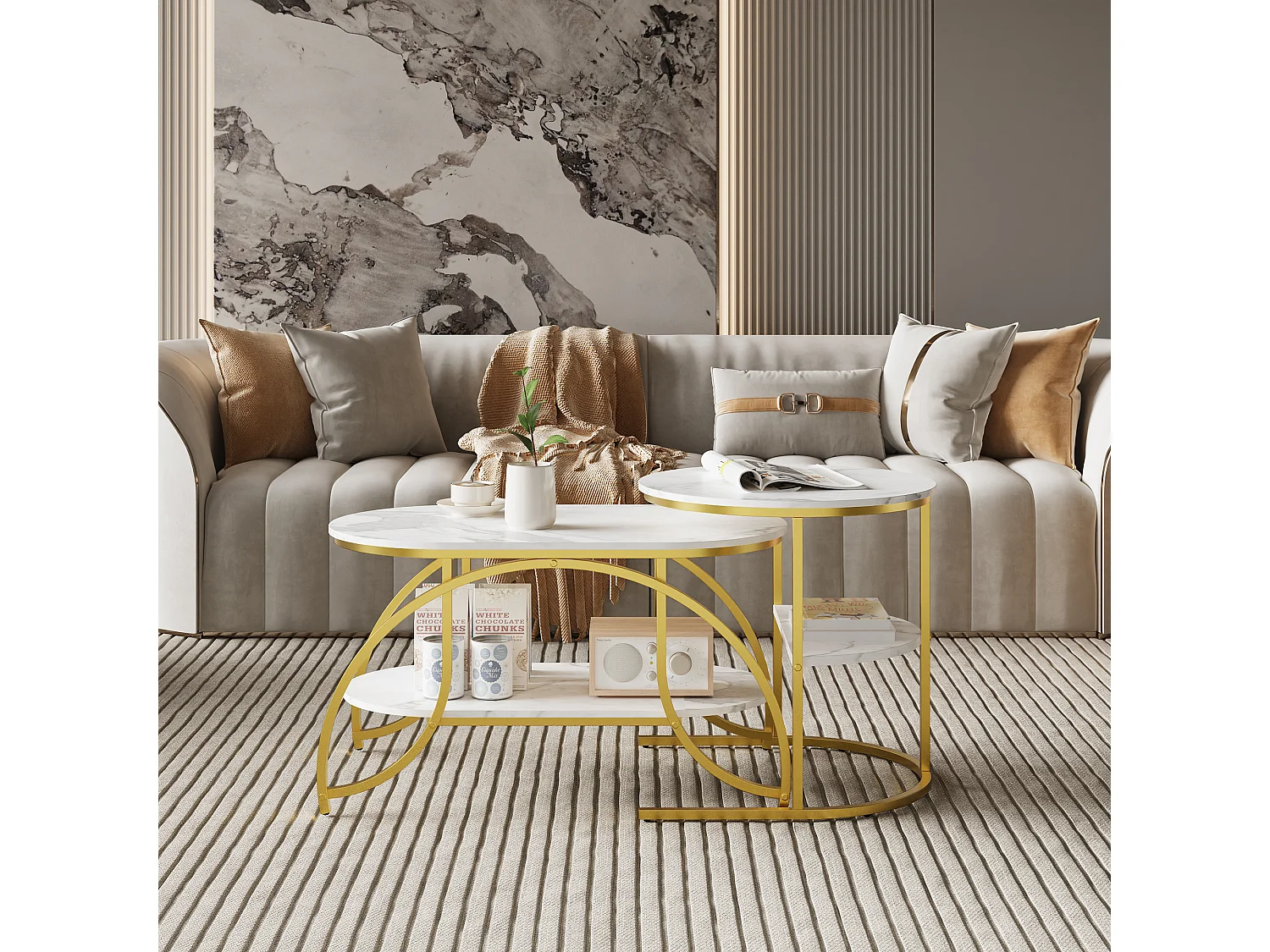 Tables Basses Gigognes, Lot de 2, Plateau Effet Marbre Blanc, Structure Dorée, Multifonctionnelles pour Salon, 80/52cm