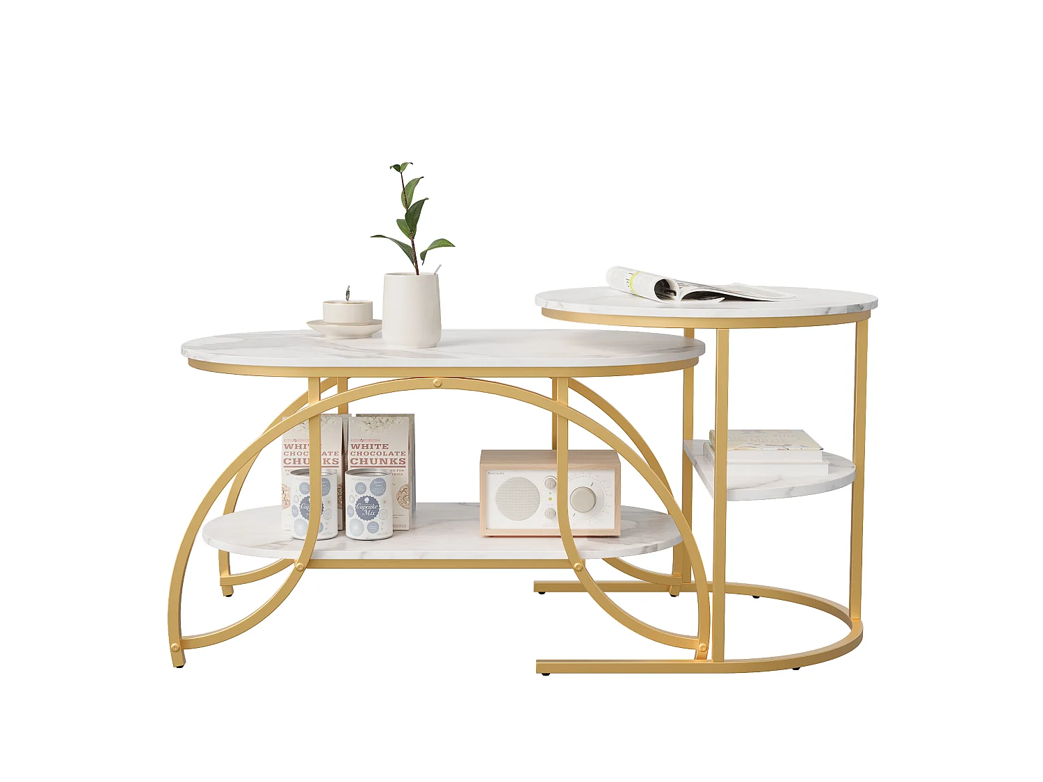 Tables Basses Gigognes, Lot de 2, Plateau Effet Marbre Blanc, Structure Dorée, Multifonctionnelles pour Salon, 80/52cm