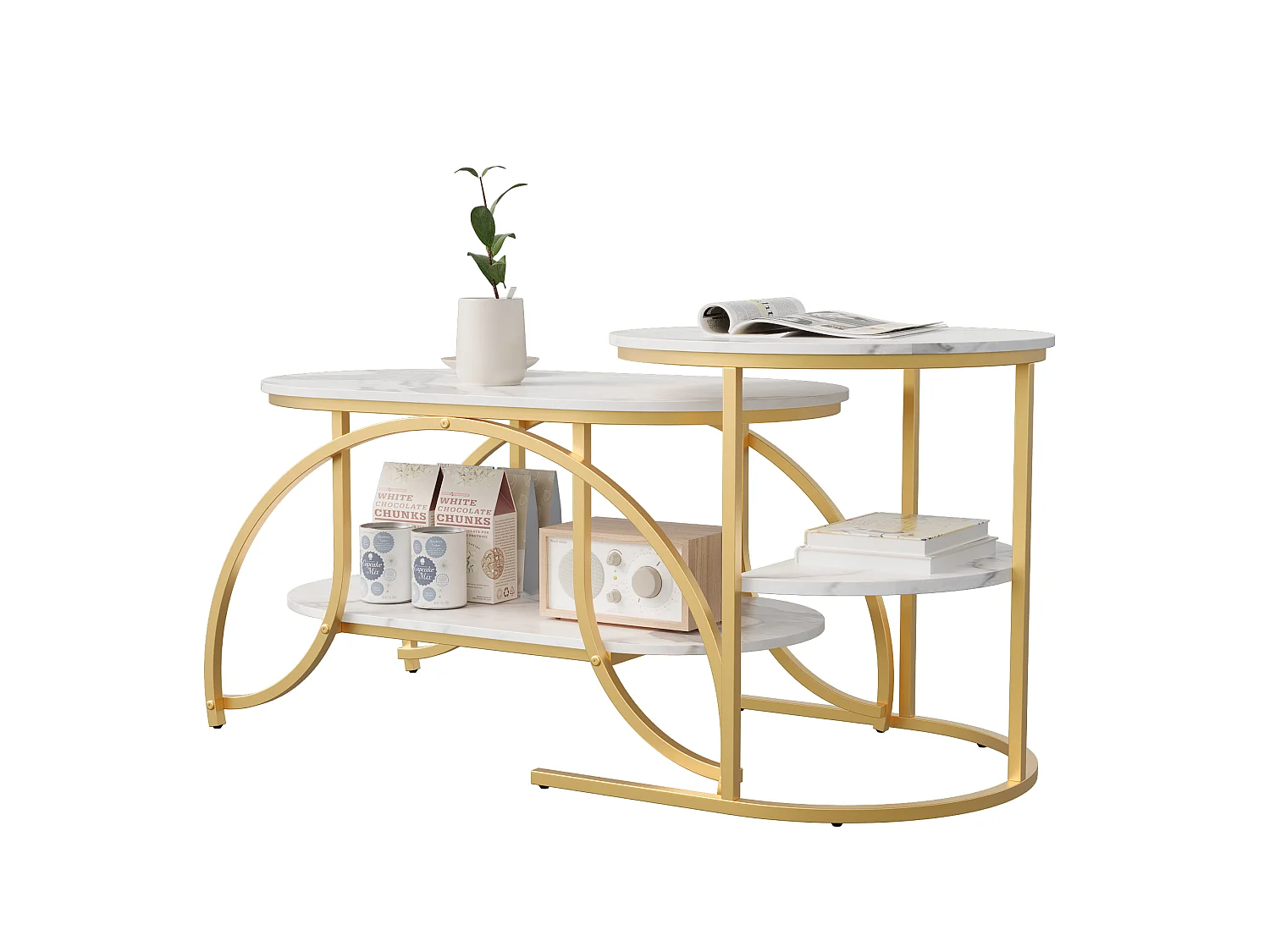 Tables Basses Gigognes, Lot de 2, Plateau Effet Marbre Blanc, Structure Dorée, Multifonctionnelles pour Salon, 80/52cm