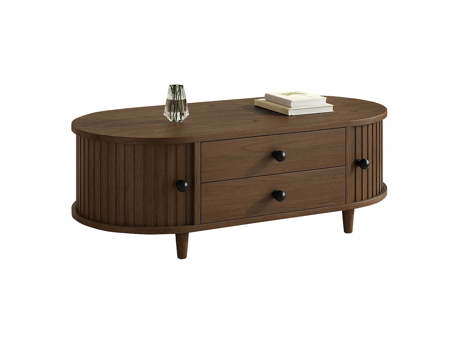 Table basse ovale 100×50×36 cm - avec 2 tiroirs et 2 portes coulissantes - Pieds en bois massif - MDF+bois massif - Marron