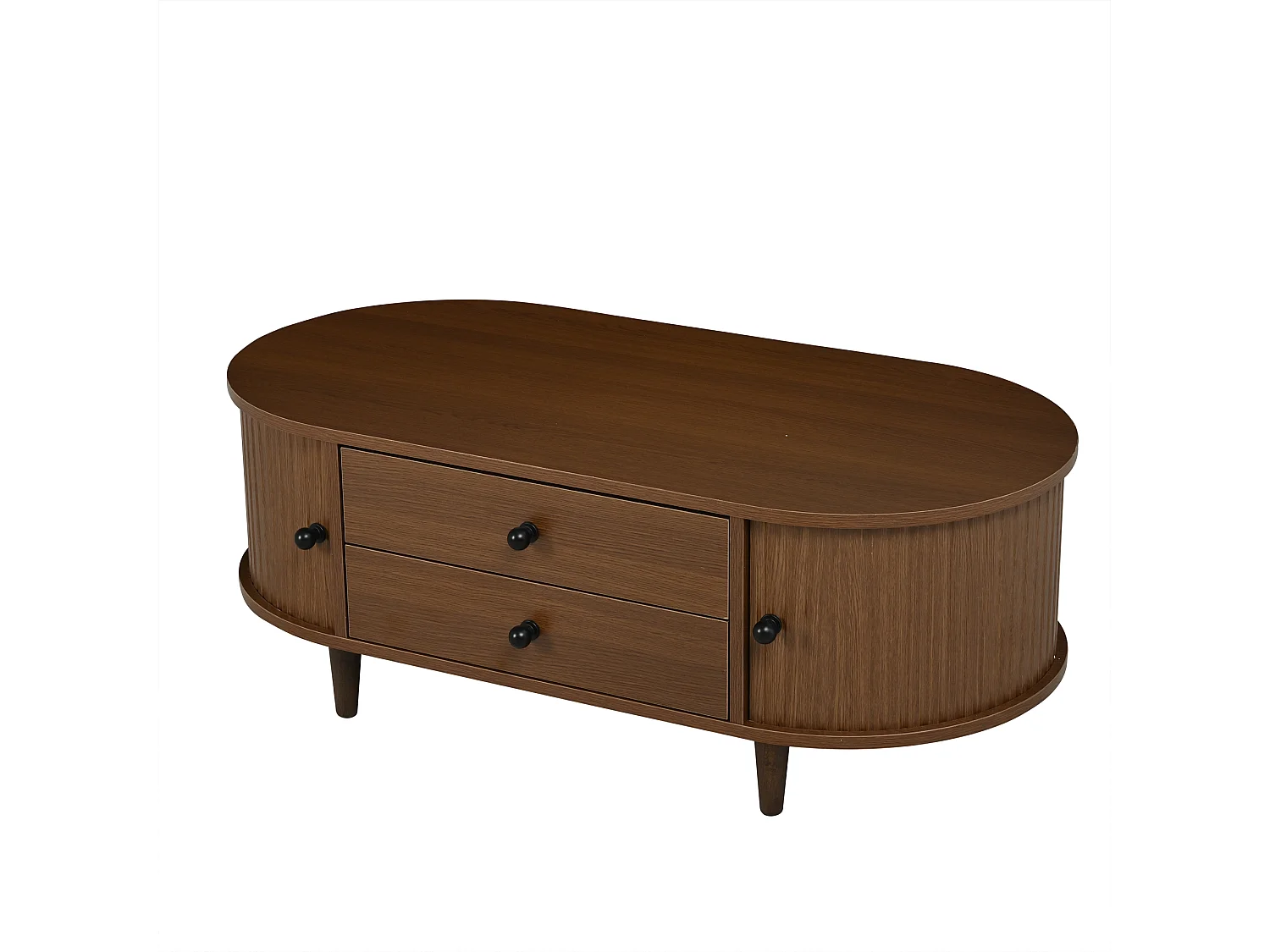 Table basse ovale 100×50×36 cm - avec 2 tiroirs et 2 portes coulissantes - Pieds en bois massif - MDF+bois massif - Marron