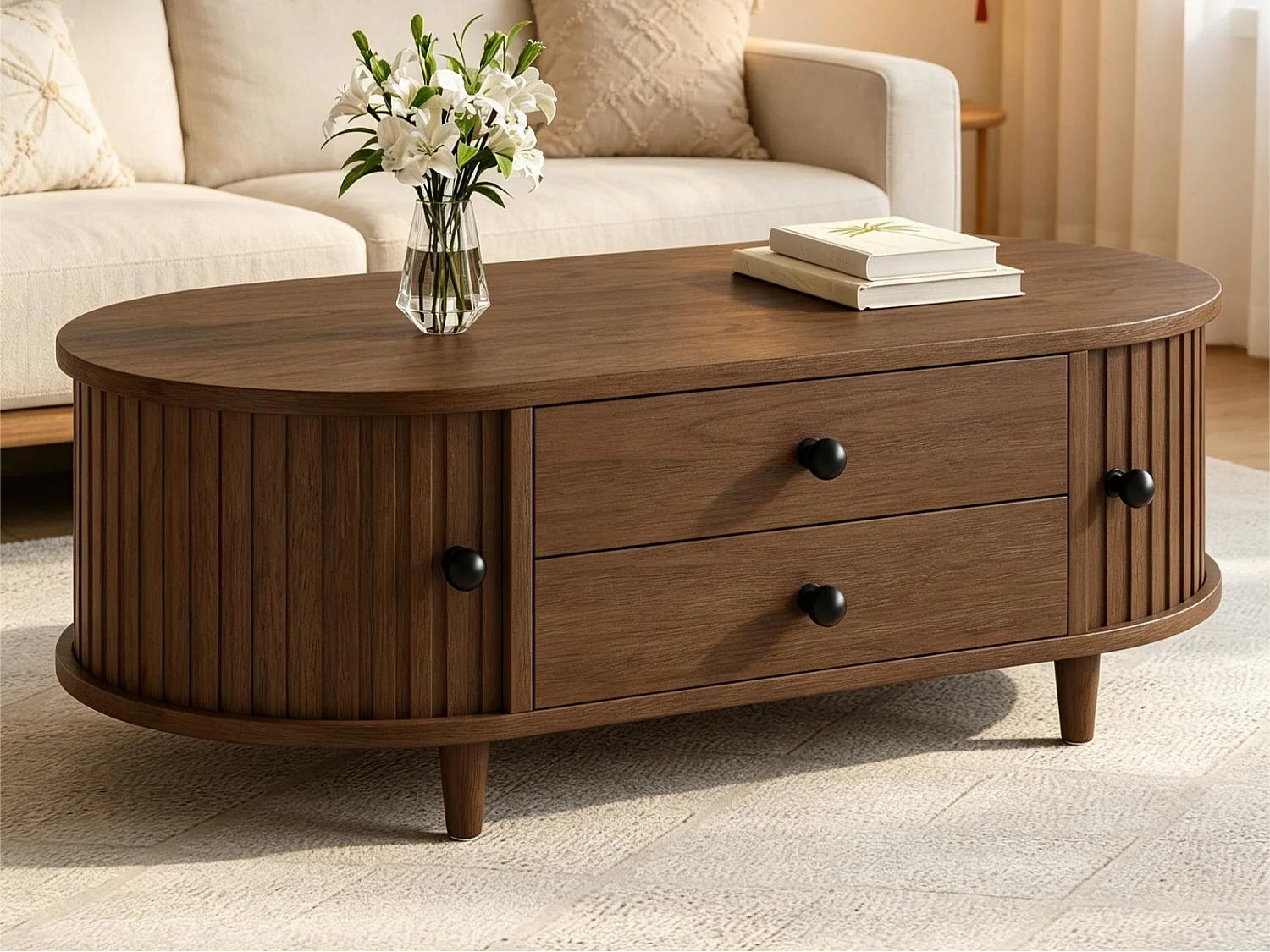 Table basse ovale 100×50×36 cm - avec 2 tiroirs et 2 portes coulissantes - Pieds en bois massif - MDF+bois massif - Marron