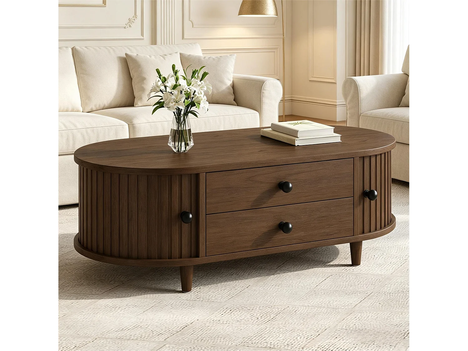 Table basse ovale 100×50×36 cm - avec 2 tiroirs et 2 portes coulissantes - Pieds en bois massif - MDF+bois massif - Marron