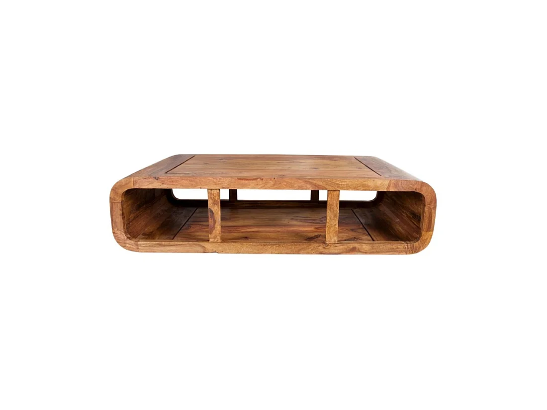 Mesa baja CURVIA 100 cm en madera de Sheesham - Diseño moderno con nichos abiertos