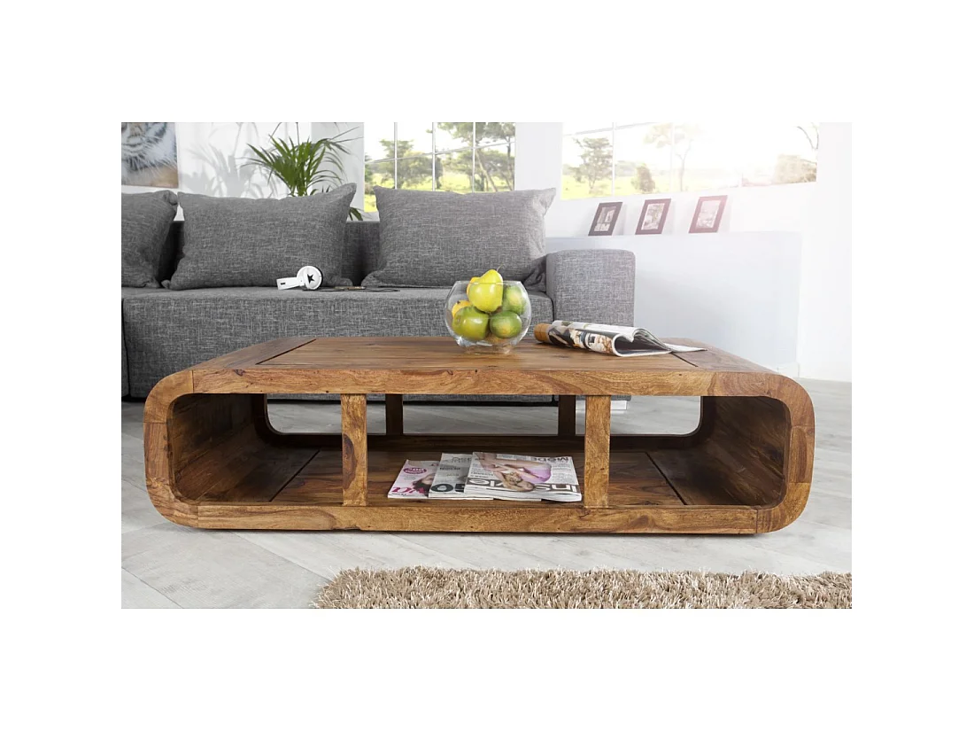 Mesa baja CURVIA 100 cm en madera de Sheesham - Diseño moderno con nichos abiertos