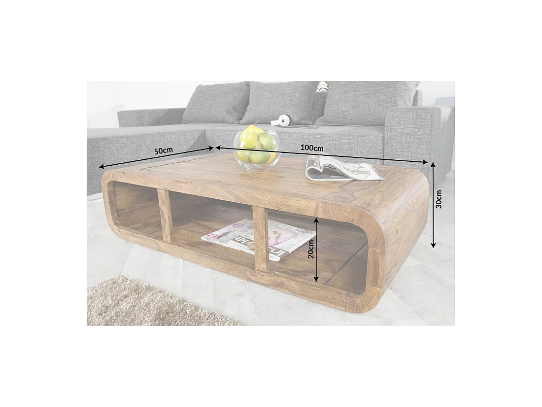 Mesa baja CURVIA 100 cm en madera de Sheesham - Diseño moderno con nichos abiertos