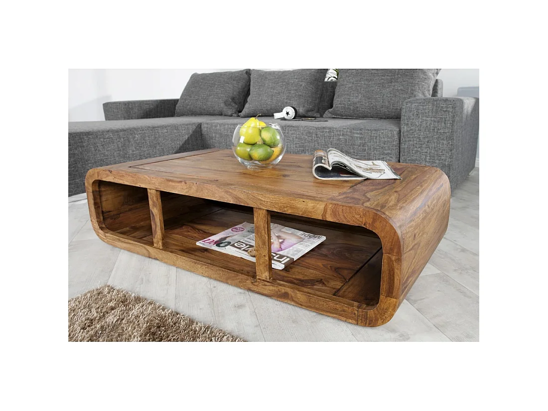 Mesa baja CURVIA 100 cm en madera de Sheesham - Diseño moderno con nichos abiertos