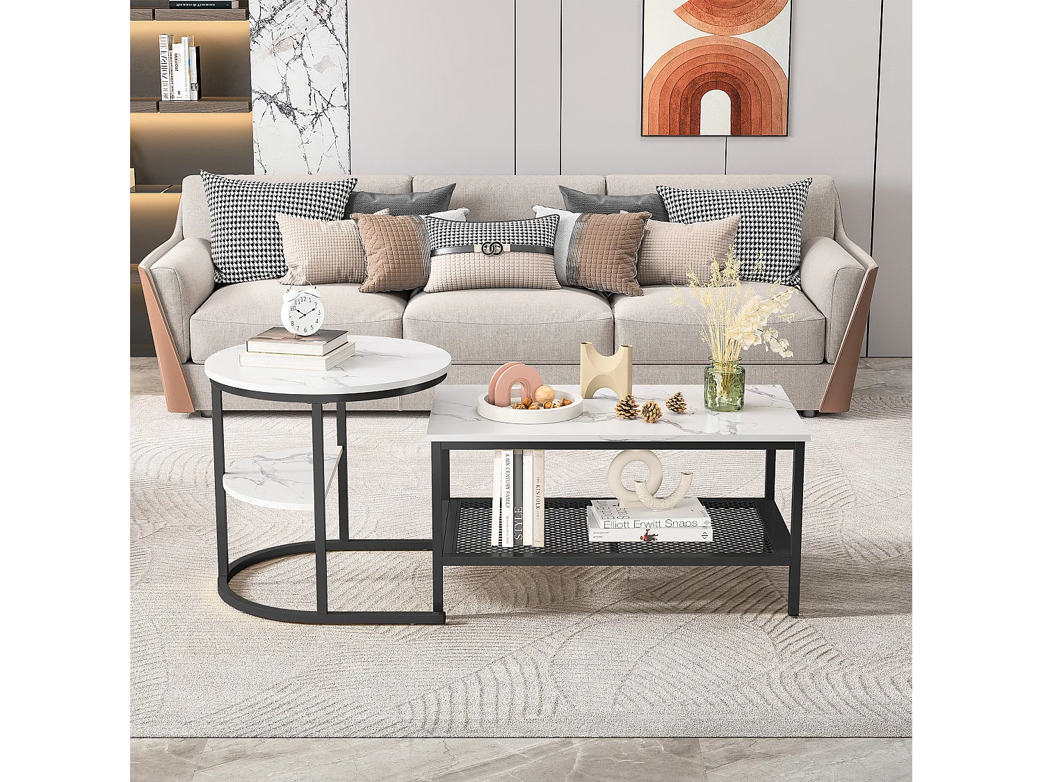 Lot de 2 Tables Basses Gigognes, Plateau Marbre, Cadre Noir avec Étagère, Multifonctionnelles pour Salon, 80/52cm