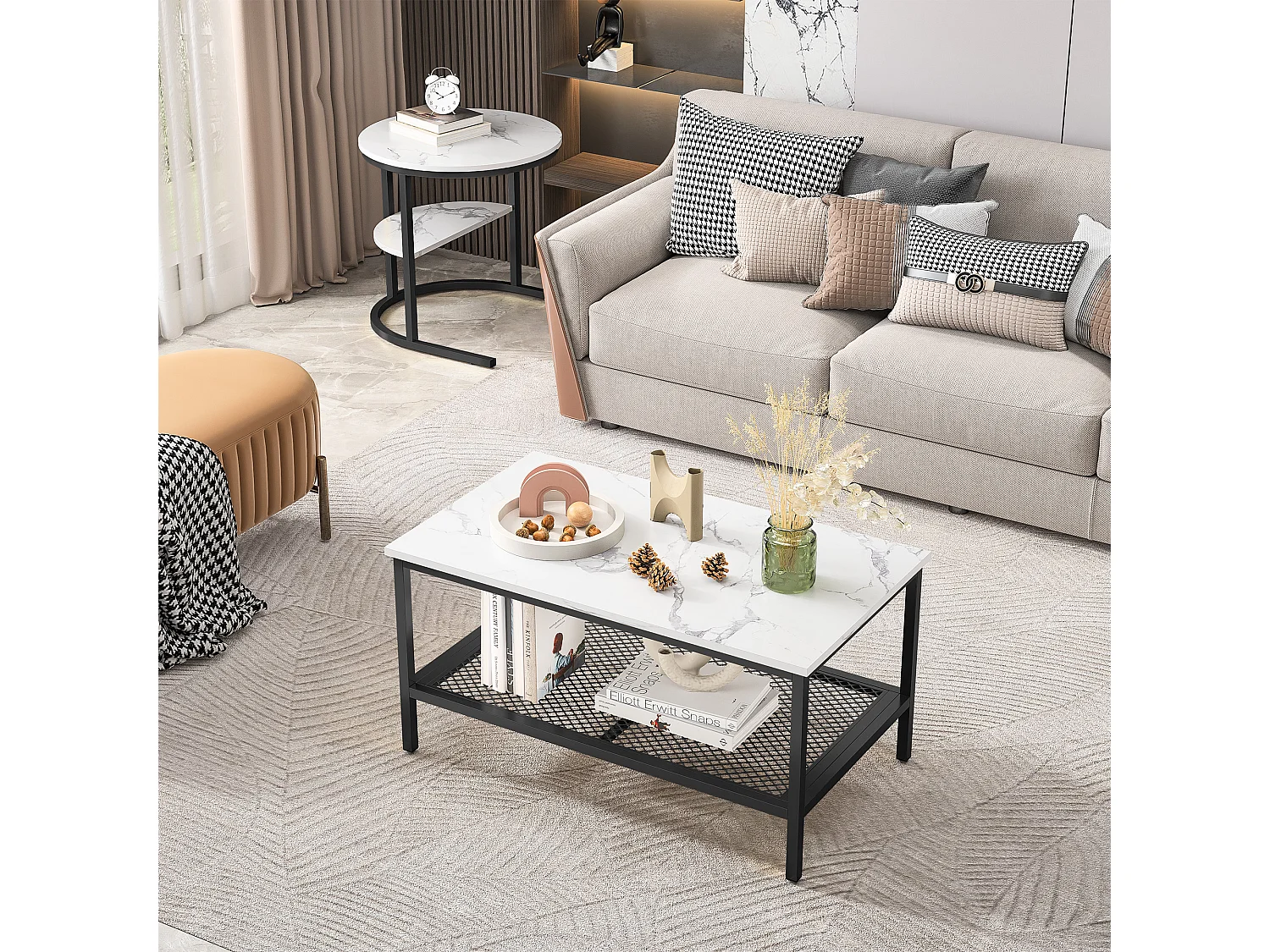 Lot de 2 Tables Basses Gigognes, Plateau Marbre, Cadre Noir avec Étagère, Multifonctionnelles pour Salon, 80/52cm