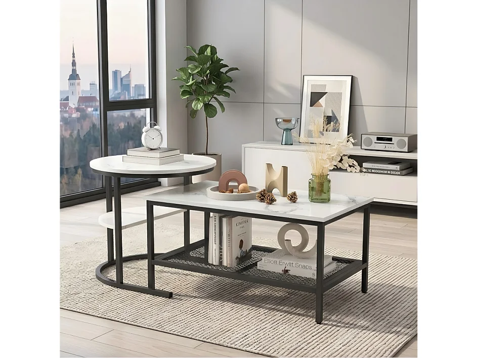 Lot de 2 Tables Basses Gigognes, Plateau Marbre, Cadre Noir avec Étagère, Multifonctionnelles pour Salon, 80/52cm