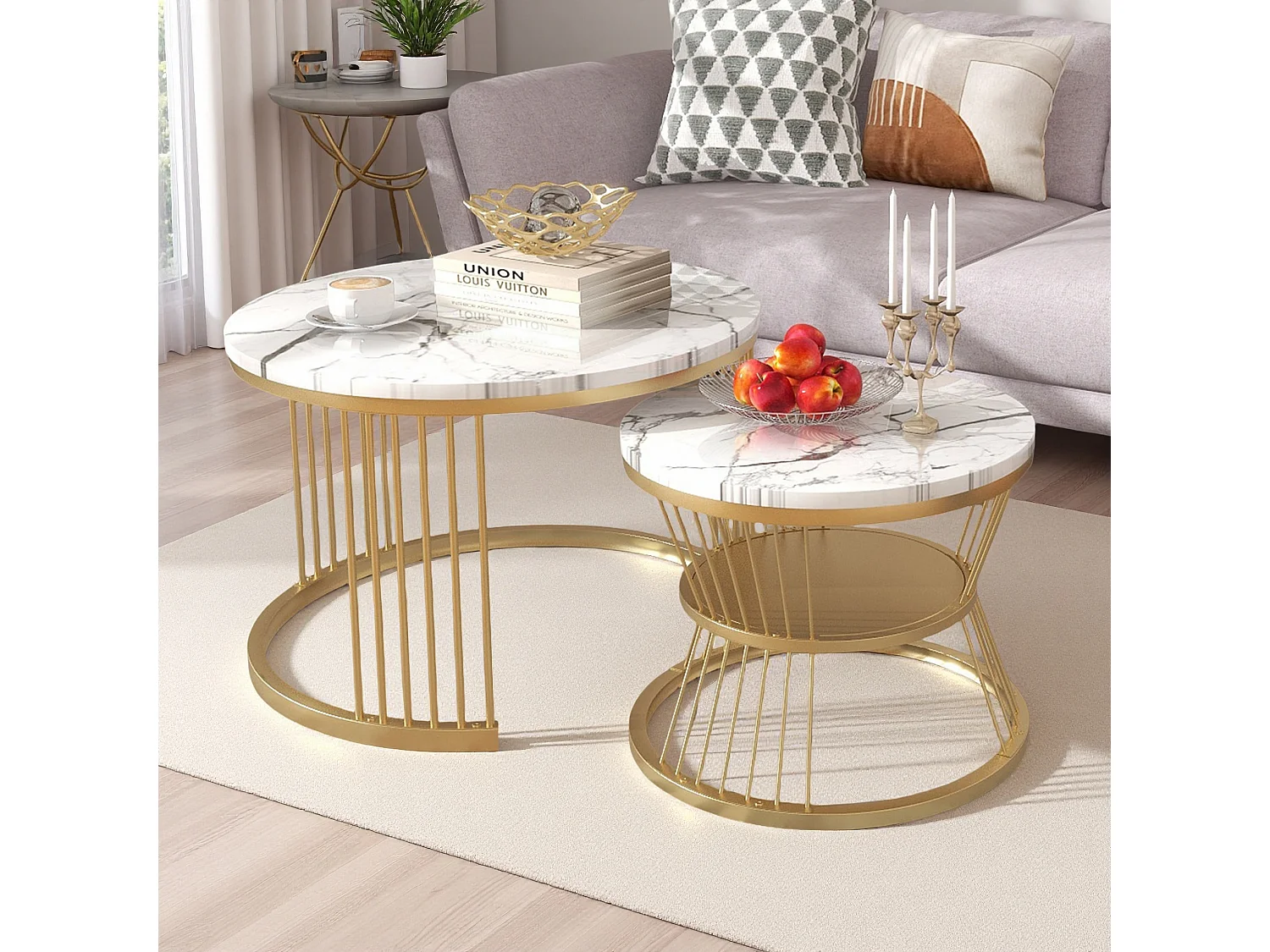 Tables Basses Gigognes Dorées, Lot de 2, Plateau Effet Marbre, Design Luxe pour Salon Moderne, 70/45cm