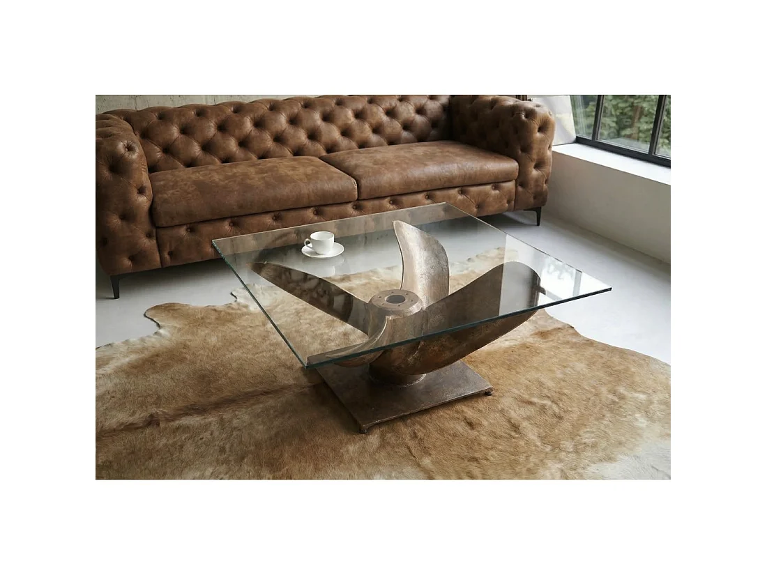 Table basse ALUMIA carrée 85 cm verre trempé et aluminium finition cuivre – design industriel pied hélice