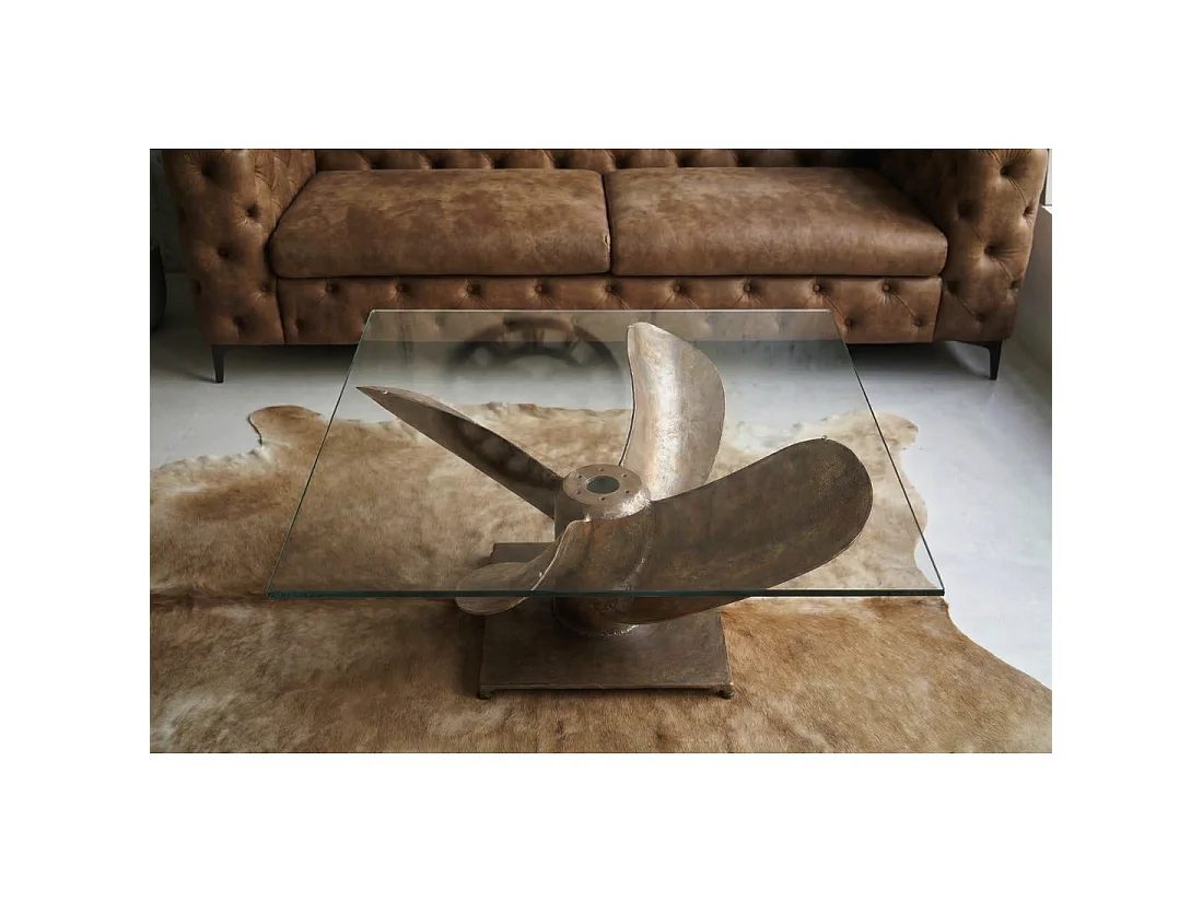 Table basse ALUMIA carrée 85 cm verre trempé et aluminium finition cuivre – design industriel pied hélice